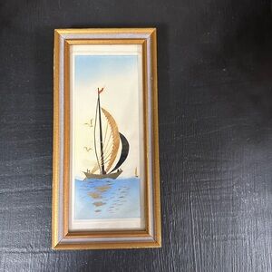 VINTAGE Sailboat Framed Art with Gold and Blue Accents